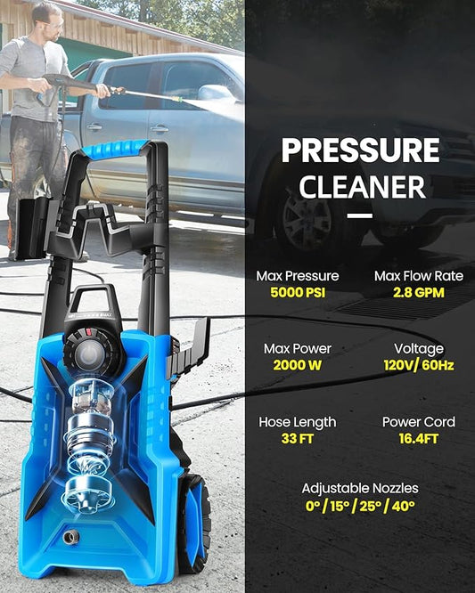 Pressure Cleaner High Power Cleaner with 33ft Pressure Hose, 4 Nozzle and 500ml Foam Cannon for Cars/Fences/Driveways/Patios/Home Cleaning (Navy Blue)