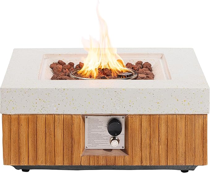COSIEST 28" Outdoor Propane Fire Pit Table, Small Square Gas Fire Pit Table with Concrete & Log Wood Grain Design, 50000BTU Fire Tables for Patio, Backyard, Garden Heating