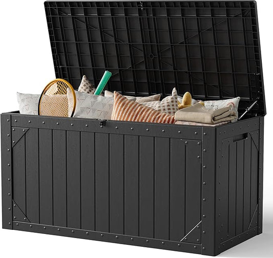 Outdoor Storage Box, 100 Gallon Deck Box Outdoor Storage Bench Outside Waterproof Resin Storage Bench, Lockable Patio Cushions, Garden Tools Storage For Furniture, UV Resistant(Black)