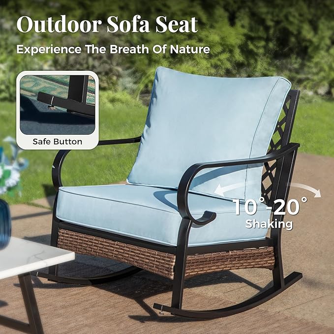Patio Furniture Set with Firepit Table, Black Frame Outdoor Conversation Set with 2 x Rocking Chairs, 1 x 2-Seat Sofa, 1 x 3-Seat Sofa for Lawn Garden Backyard, Blue