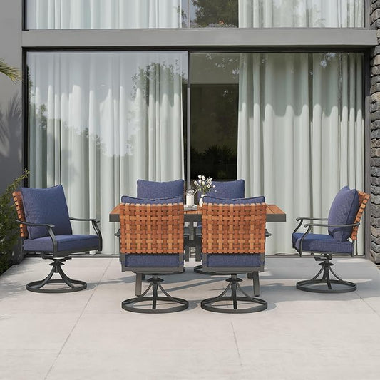 Grand patio 7-Piece Outdoor Dining Set, 6 Leather-Look Wicker Blue Swivel Patio Chairs & 1 Extendable Rectangular Dining Table, Brown