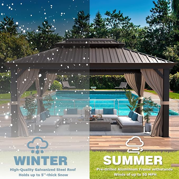 MELLCOM 12'x16' Hardtop Gazebo, Galvanized Steel Double Roof Canopy with Aluminum Frame, Permanent Metal Pavilion Gazebos with Netting and Curtains for Patio, Gardens and Lawns