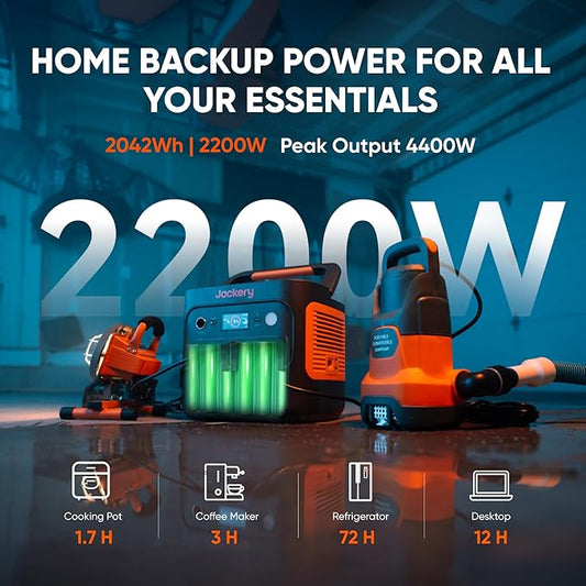 Jackery Explorer 2000 v2 Power Station and 2 * 100W Solar Panels, 2042Wh LiFePO4 Home Backup Battery, 2200W Solar Generator, USB-C PD 100W Fast Charging for Emergencies, Power Outages, Camping