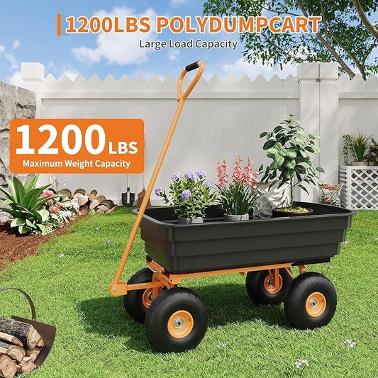 Heavy Duty Garden Dump Cart, 1200LB Yard Utility Cart with All-Terrain Wheels & Quick-Release, Gardening Cart
