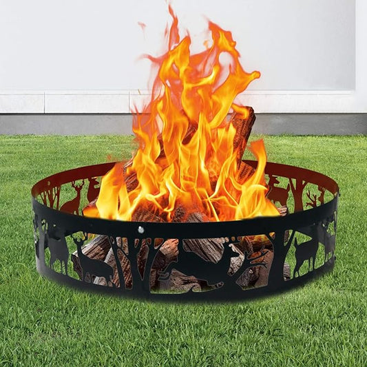 Fire Pit Ring Outdoor Steel: Heavy Duty Round Firepit Ring with Patterned Cutouts for Backyard Camping & Beach Bonfires 36Inch