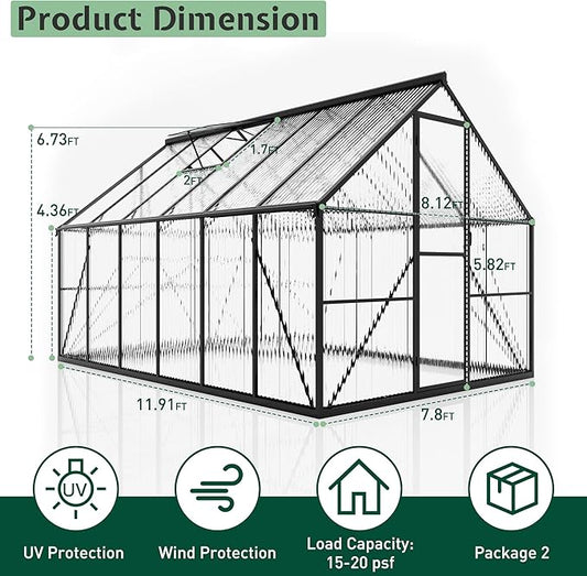 Jocisland 8x12Ft Polycarbonate Greenhouse, Heavy Duty Aluminum Frame with 2 Windows & Swing Doors, Outdoor Garden Greenhouses for Backyard, Black