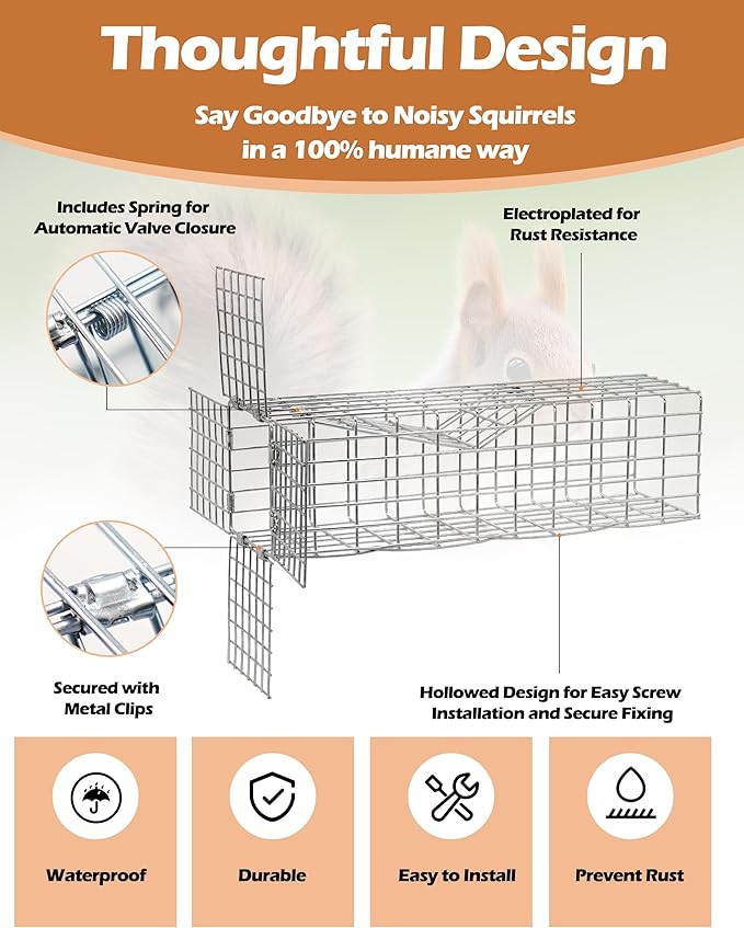 One Way Squirrel Door Excluder, Humane Squirrel Trap, 11 × 3 × 3 inch Rodents Excluder, Includes Full Installation Kit with Screws, Pressure Plate, Cable tie & Copper mesh, One Way Traps