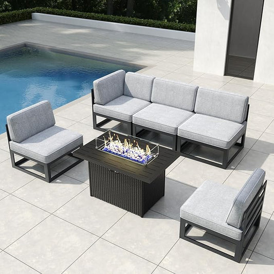 6 Pieces Aluminum Patio Furniture Set with Propane Gas 44" Fire Pit Table, Metal Outdoor Conversation Sofa Set with Seating Cushions