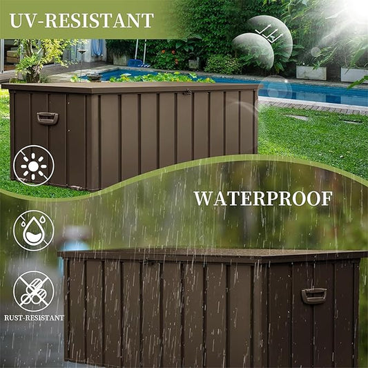 CHUNLY Metal Deck Box, 200 Gallon Outdoor Waterproof Storage Box w/Lockable Lids, Outside Bench w/Mobility Rollers, Patio Storage Bin for Furniture Cushions, Pool Supplies & Garden Tools (Dark Brown)
