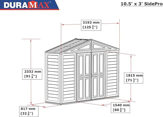 Duramax SidePro 10.5 Ft. x 3 Ft. Vinyl Garden Storage Shed | Made of Fire Retardant PVC Resin, All-Weather, Waterproof Outdoor Solution, Store Bikes, Tools, BBQ, Home Gym | Strong Metal Roof Structure