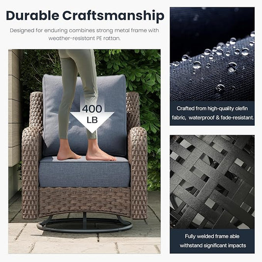 7 Pieces Outdoor Patio Furniture Sets with Rocking Swivel Chairs with 6-inch Thick Cushion and Side Table for Deck Lawn