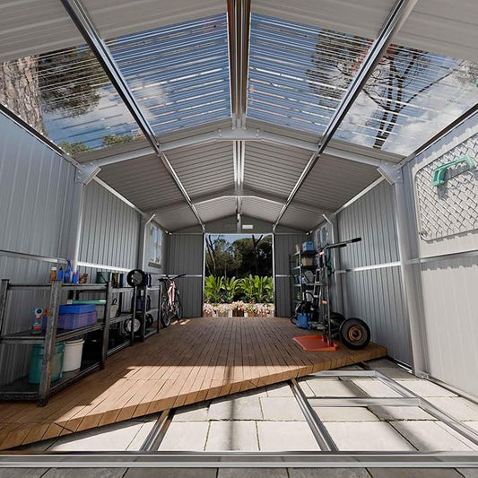 Large Metal Shed 10x16 FT with Floor Fame Kit, with Customizable Skylight and Reinforced Steel Frame, Heavy-Duty Galvanized Steel Big Garden Sheds with Base, Lockable Doors,4 Pane Windows,