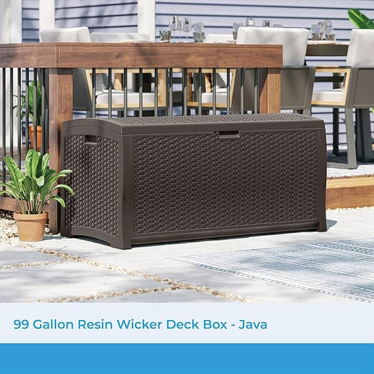 Suncast DBW9200 99 Gallon Outdoor Wicker Plastic Patio Storage Chest Bin with Handles for Patio, Garden, Garage, or Pool for All Weather, Mocha
