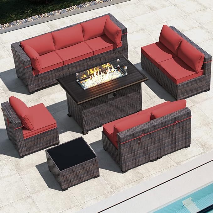 Outdoor Patio Furniture Set with Gas Fire Pit Table, 10 Pieces Outdoor Furniture Set Patio Sectional Sofa w/43in Propane Fire Pit, PE Wicker Rattan Patio Conversation Sets - Red
