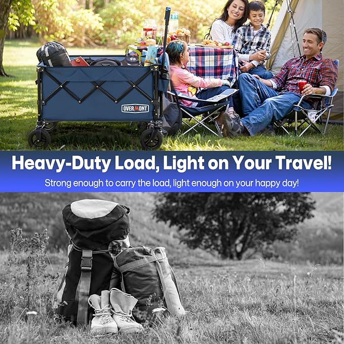 Overmont Ultra-Compact Collapsible Wagon Cart - 200L Portable Folding Wagon with All-Terrain Wheels Utility for Beach, Grocery Shopping, Camping, and Gardening โ 330lbs Load Capacity Blue