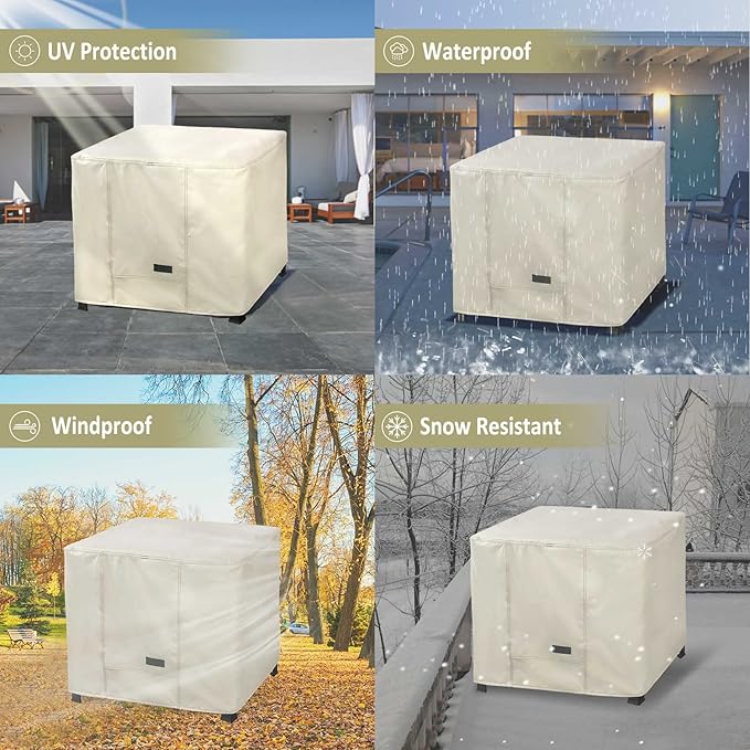 NettyPro Fire Pit Cover Square Waterproof Outdoor Firepit Cover for Gas Propane Fire Pit Table, 28 x 28 x 24 inch, Beige