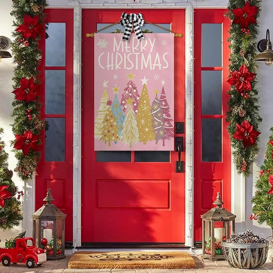 AVOIN colorlife Merry Christmas House Flag 28x40 Inch Double Sided Outside, Christmas Trees Winter Holiday Yard Outdoor Flag Pink