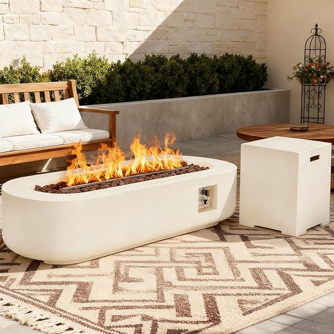 ECOTOUGE 60'' Propane Fire Pit, 2-Piece Gas Fire Pit Table Set w/Tank Cover, Auto-Ignition Steel Fire Table, 50,000 BTU Oval Concrete Fire Pit w/Weather-Resistant Pit Cover, Lava Rocks, White