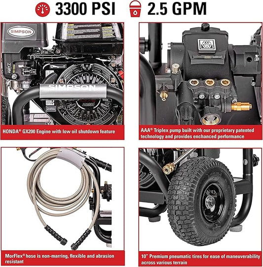 SIMPSON Cleaning PS3228 PowerShot 3300 PSI Gas Pressure Washer, 2.5 GPM, Honda GX200 Engine, Includes Spray Gun and Extension Wand, 5 QC Nozzle Tips, 5/16-inch x 25-foot MorFlex Hose, 49-State