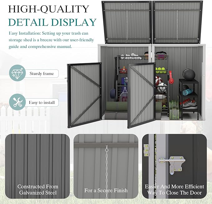 Outdoor Storage Shed Metal Trash Can Storage,54 Cu.Ft Garbage Can Storage Shed W/Lid Chain,Hydraulic Mechanism & Pneumatic Spring Support Rods,for 2 Trash Bins,Bike,Garden Tools,Dark Gray