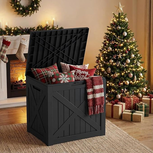 32 Gallon Outdoor Storage Box Waterproof,Outside Delivery Package Deck Box with Lockable Lid,Poolside Storage Bin for Garden Tools,Patio Cushion,Black