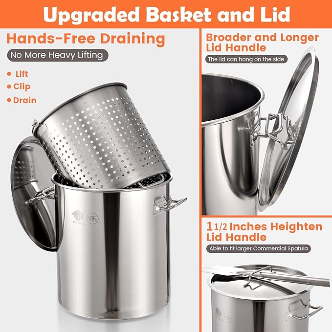 ARC 64QT Seafood Boiling Kit, 200,000BTU Stainless Steel Propane Burner And Crawfish Boil Pot With Strainer, Wheeled Legs and 360°Windscreen For Outdoors Cooking and Steaming, Large Turkey Fryer Pot