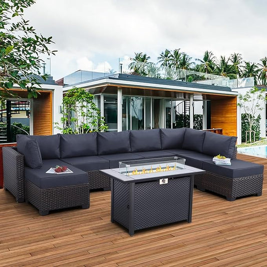 9 Pieces Wicker Patio Furniture Set Outdoor PE Rattan Sectional Conversation Sofa Set with Navy Blue Cushions and 45” Gas fire Pit Table