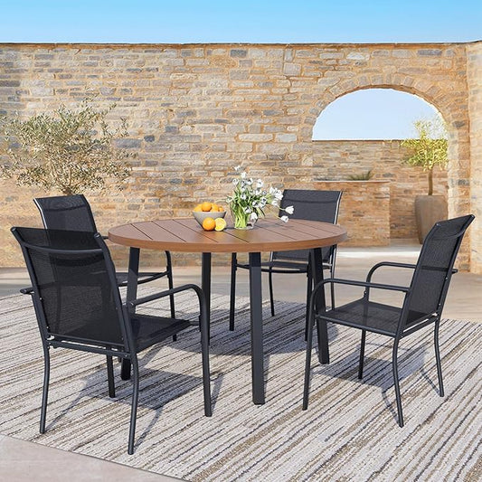 5 Pieces Patio Dining Set for 4, Black Patio Stackable Chairs and Walnut Round Table Set of 4, Outdoor Furniture Set with Sling Support for Outside, Garden