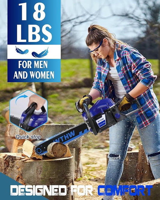 WTHW 58 cc Gas Powered Chainsaw, 20 in & 18 in Quick-Switch Bars – 550 ml Fuel 260 ml Oil Tanks, Automatic Chain Oiler, Centrifugal Air Filter, Quick Start, Inertial Chain Brake (WH5806)