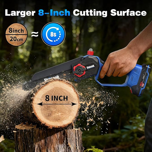 Mini Chainsaw 8 inch Cordless - Upgraded Handheld Electric Chainsaw with 2 Pack Batteries and Charger, Electric Power Chain Saw with Oiler, Garden Tools for Tree Trimming Wood Cutting