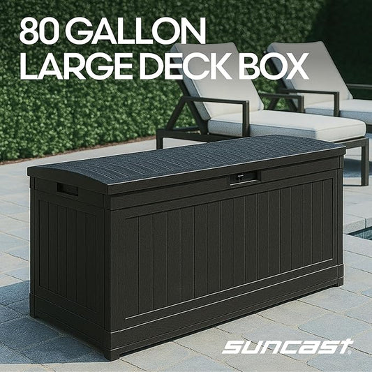 Suncast 80-Gal. Waterproof Resin Large Outdoor Patio Deck Box with Pad-Lockable Lid, Modern Outdoor Patio Bench/Storage Box for Cushions, Garden Tools, and More, Iron Ore