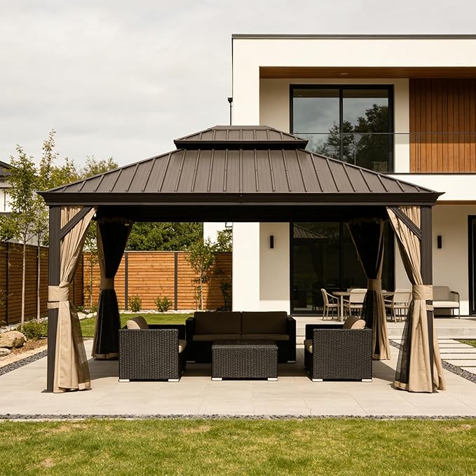 Domi 11x13FT Outdoor Gazebo, Hardtop Gazebo with Galvanized Steel Double Roof, Metal Gazebos with Drainage System Patio Pergola for Patio Deck Backyard,Curtain and Netting,Brown