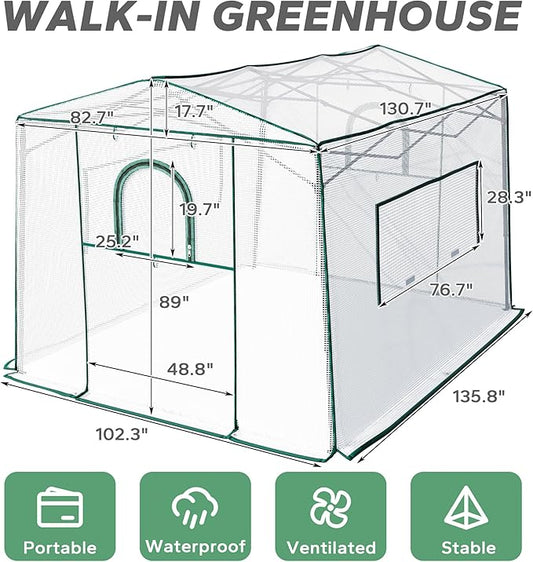 8.7'x 6.6'x 7' Small Walk-in Greenhouse for Outside & Indoor with 2 Roll-up Zipper Doors, 4 Ventilated Mesh Windows, Patio Plant Gardening Greenhouse for Backyard