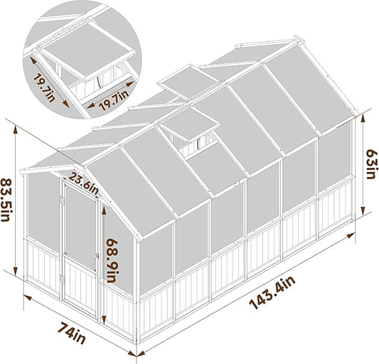 BlueWish 6x12FT Greenhouse, Wood Greenhouses with 6MM Thick Polycarbonate, Adjustable Vent, Cedar Frame, Greenhouse for Outside, Garden, Backyard,Light Brown Mocha