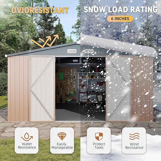 Aoxun 12x10 FT Galvanized Steel Outdoor Storage Shed - Metal Garden Shed with Double Doors, Thick Moisture-Proof Interlocking Floor, Ventilation System - Ideal for Generator & Tool Storage (Brown)