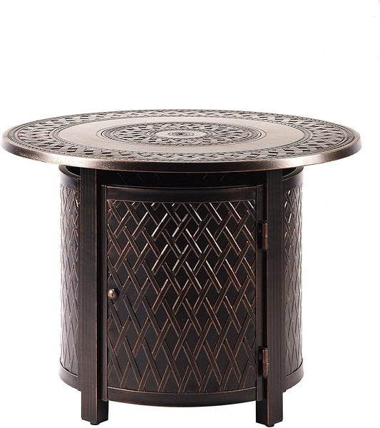 Aluminum 37,0000 BTU 34 in. Round Propane Black Fire Pit Table with Fire Beads, Lid, Propane Tank Cover and Table Fabric Covers in Copper Finish