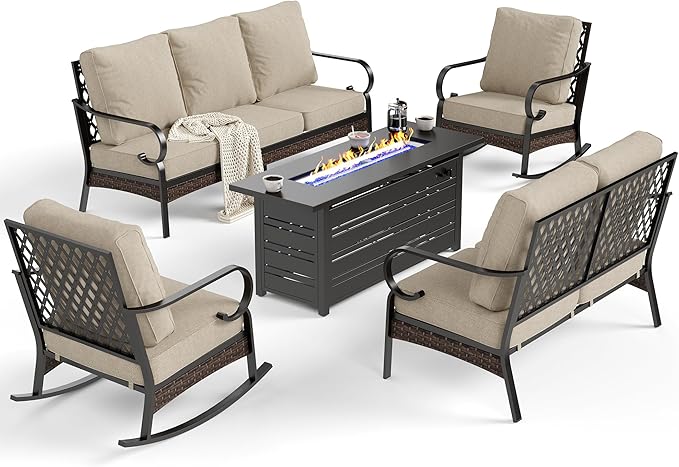 5 Piece Black Metal Outdoor Patio Furniture Set with Firepit Table, Patio Conversation Sets 1 3-Seater Sofa, 2-Seater Sofa, 2 Rocking Chairs with 5.75" Cushion for Backyard Deck, Beige