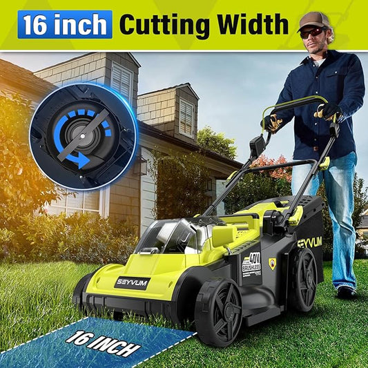SEYVUM 40V 16-inch Cordless Lawn Mower with 45L Grass Collection Bag, 6 Position Height Adjustment Electric Lawn Mower, 20V 4.0Ah Battery Powered Push Lawnmower, 2.4A Fast Charger Included