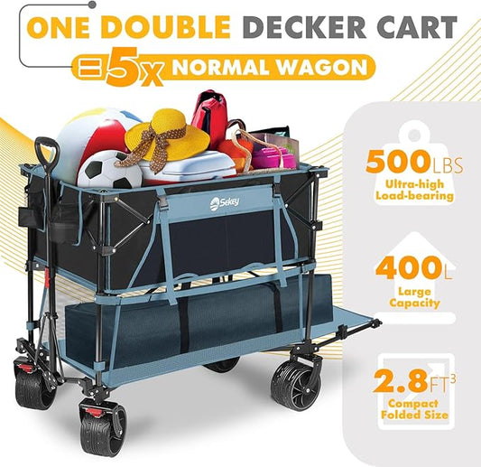 400L Large Capacity Folding Double Decker Wagon with Brakes, 48" Extra Long Extender Cart, 500lbs Heavy Duty Collapsible Wagons, All-Terrain Big Wheels for Camping, Sports, Shopping. Blue
