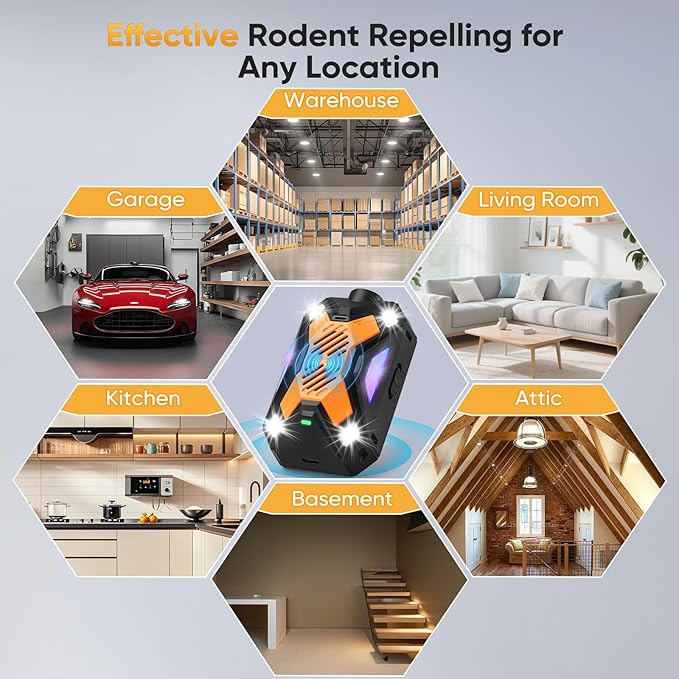 Rodent Repellent for Car Engines, Mouse Repellent, Enhanced Ultrasonic Pest Repeller, Rat Repellent, Predator Signal&Ultrasonic&LED Strobe Light, Keep Mice Away Rooms,Indoors,Outdoors (Orange)