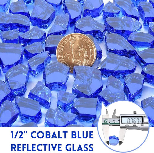 GasSaf 1/2 Inch Fire Glass Reflective Tempered Fireglass Cut Crushed FireGlass for Fire Pit, Fireplace, Replaces Existing Gas Logs & Lava Rocks (20 Pound)(Cobalt Blue Reflective)