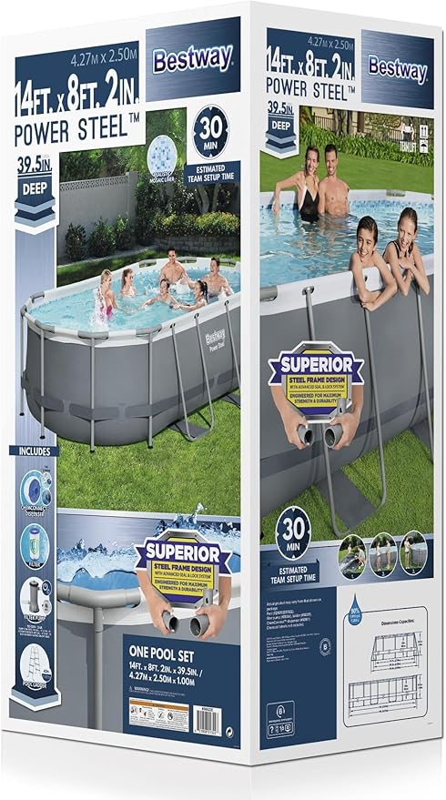 Bestway 56631E-BW Power Steel Oval Frame Above Ground Backyard Summer Swimming Pool Set with Filter Pump and Safety Ladder, 14' x 8' x 39" (Gray)