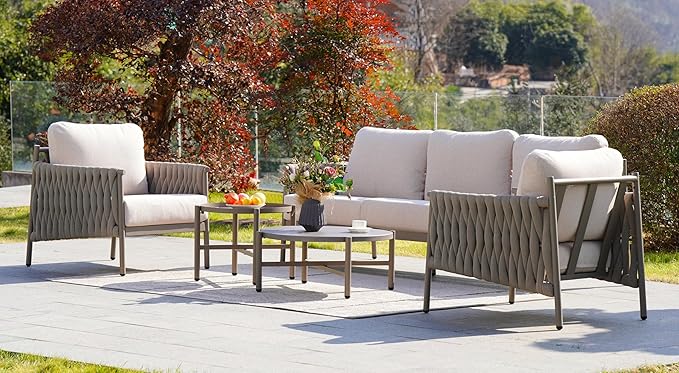 Grand patio 5-Piece Outdoor Furniture Set, Outdoor Sofa Set with 2 Round Side Tables, Modern Metal Patio Couch with 6-inch Thick Waterproof Cushions for Porch Deck Backyard