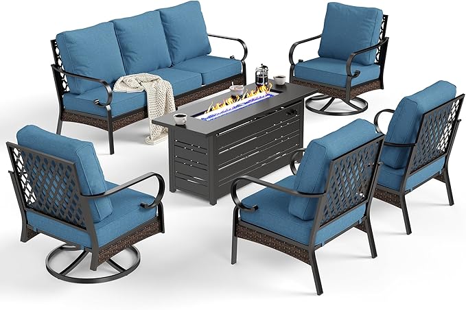6 Piece Black Metal Outdoor Patio Furniture Sets with Firepit Table, Patio Conversation Sets 1 3-Seater Sofa, 2 Leg Sofa and 2 Swivel Sofa with 5.75" Cushion for Backyard Deck, Navy