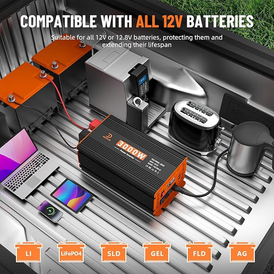 3000W Power Inverter 12V DC to 110V/120V AC Converter for RV/Truck/Boat/Camping/Off-Grid Solar Car Power Inverter Peak Power 6000W with 3 AC Outlets,USB & Type-C Port, Remote Controller & LCD Screen