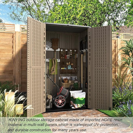 KINYING Outdoor Storage Shed Waterproof, Resin Vertical Outdoor Storage Cabinet for Patio Furniture, Garden Tools, Pool Accessories, Mower Storage (66 Cu.ft, Dark Brown)