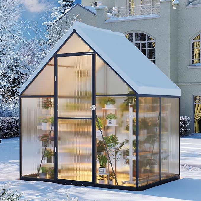 Aoxun 4x6 FT Outdoor Greenhouse,Sturdy Aluminum Frame, Polycarbonate Panels, Roof Vent, Ground Nails, Lockable Door,Quick Setup for Garden and Backyard, Black