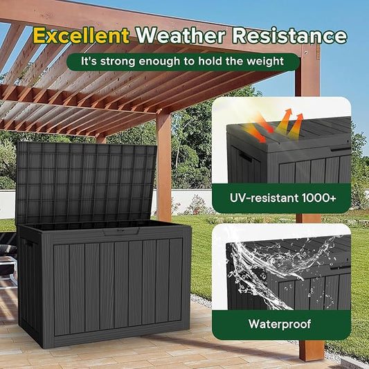 ROJIK Outdoor Storage Housing Deck Box - Waterproof Patio Furniture, Garden Tools, Cushions, Pool Accessories Storage Bench with Lockable Lid and Side Handles (Black 48 Gal)