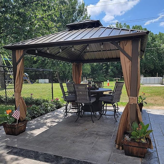 Domi 8'x10' Hardtop Gazebo Canopy Metal,Outdoor Metal Gazebo with Galvanized Steel Double Roof,Curtain and Netting,Permanent Gazebos Pavilion for Patio Deck,Backyard
