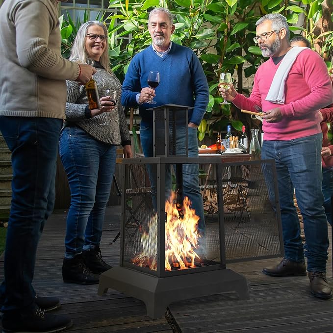 Walsport Chiminea Outdoor Fireplace, 43 Inch Wood Burning Fire Pit with Grill Grate and Spark Screen Cover, Outdoor Fire Pit for Patio, Backyard, Deck Porch and Camping (Black) 
